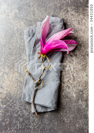 Purple flower of magnolia on stone background. Top 34431950
