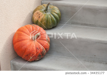 group of pumpkins in stairs in decoration house group of pumpkins in stairs in decoration house 34435177