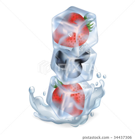 Ice Cubes with Berries One on Another in Water 34437306