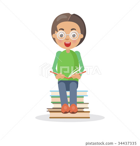 Excited Boy in Glasses Sits on Heap of Books 34437335
