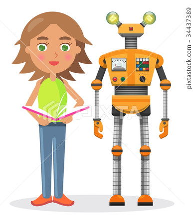 Little Girl with Book and Iron Robot illustration Little Girl with Book and Iron Robot illustration 34437389