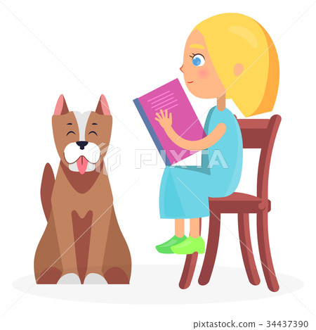 Girl Sitting on Wooden Chair with Book and Pet 34437390