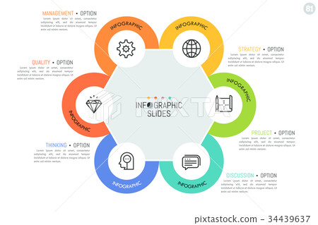 Six circular elements with linear icons inside Six circular elements with linear icons inside 34439637