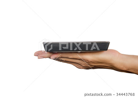 Hand holding black plate isolated on white 34443768