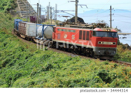 Freight train running along the Japan Sea Longitudinal Line 34444314