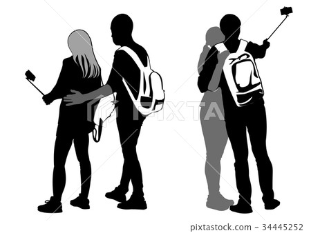 Silhouettes of couples taking selfie Silhouettes of couples taking selfie 34445252