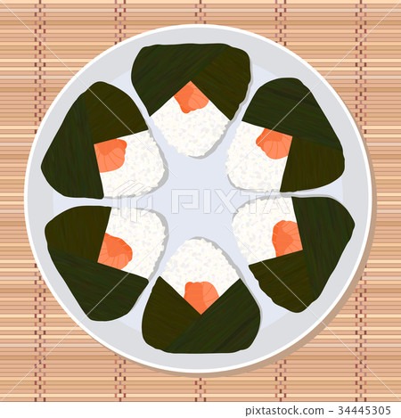 Onigiri (japanese rice ball) filled with salmon. Onigiri (japanese rice ball) filled with salmon. 34445305