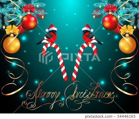 Christmas card with balls and bullfinches Christmas card with balls and bullfinches 34446165