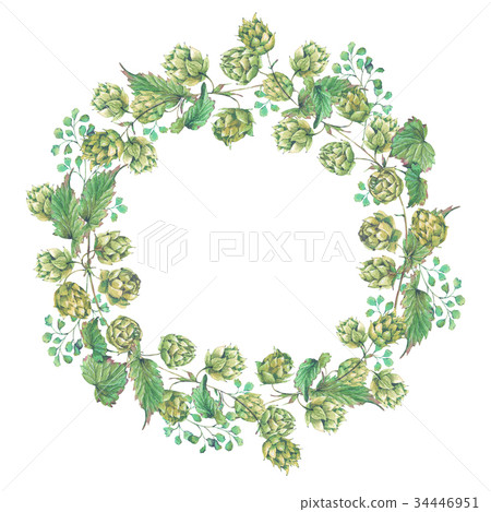 Watercolor natural wreath of hops 34446951