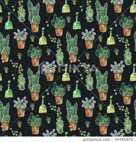 Watercolor seamless pattern of green plants in - Stock Illustration ...