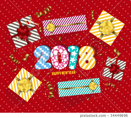 New Year background with golden confetti and gift New Year background with golden confetti and gift 34449696