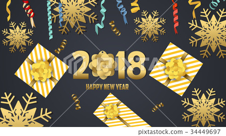 New Year background with golden confetti and gift 34449697