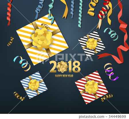 New Year background with golden confetti and gift New Year background with golden confetti and gift 34449699