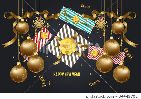 New Year background with golden confetti and gift New Year background with golden confetti and gift 34449703