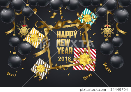 New Year background with golden confetti and gift 34449704