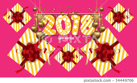 New Year background with golden confetti and gift New Year background with golden confetti and gift 34449706