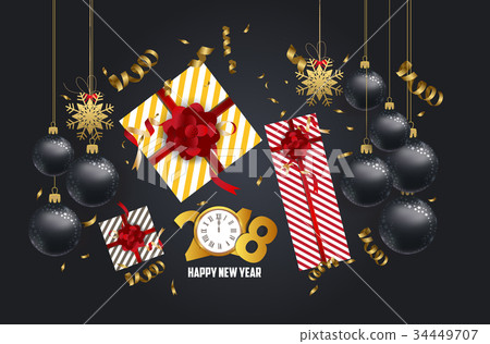 New Year background with golden confetti and gift New Year background with golden confetti and gift 34449707