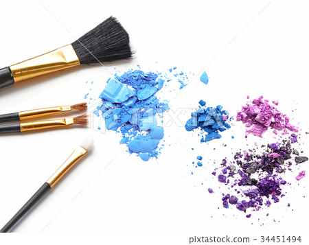 Cosmetic brush and colors powder on white Cosmetic brush and colors powder on white 34451494