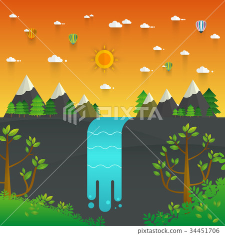 Landscape illustration. Mountain river, waterfall Landscape illustration. Mountain river, waterfall 34451706