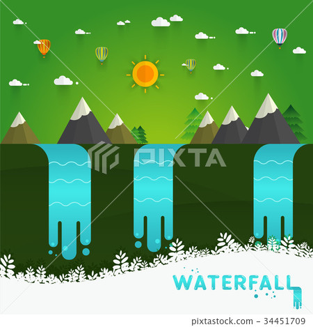 Landscape illustration. Mountain river, waterfall Landscape illustration. Mountain river, waterfall 34451709