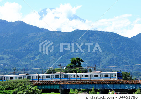 Odakyu Train crossing the iron bridge between Mt. Fuji and Sakawa River 34451786