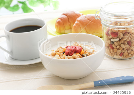 Breakfast yogurt bread coffee 34455936