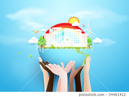 Hands holding globe and Eco city concept. 34461422