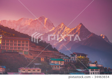 Amazing sunrise view of Namche Bazaar village Amazing sunrise view of Namche Bazaar village 34463654