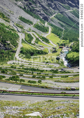 View of serpentine road, Stelvio Pass from Bormio 34466310