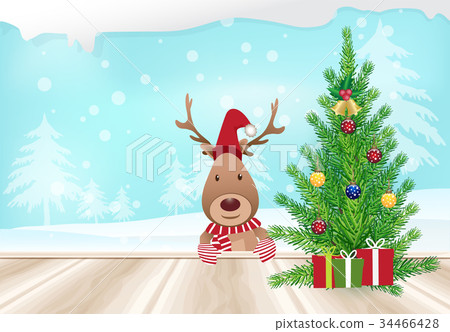 Christmas tree with deer, wooden balcony in winter 34466428
