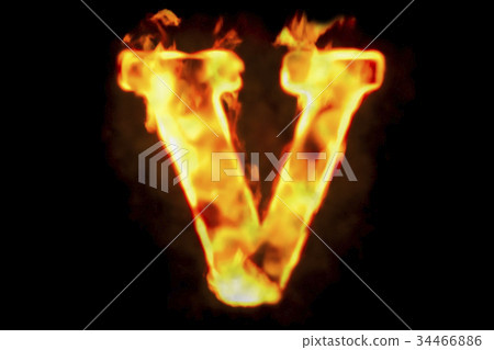 Fire letter V of burning flame light, 3D rendering 34466886