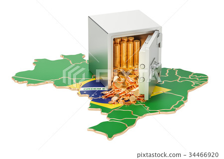 Safe box with golden coins on the map of Brazil Safe box with golden coins on the map of Brazil 34466920