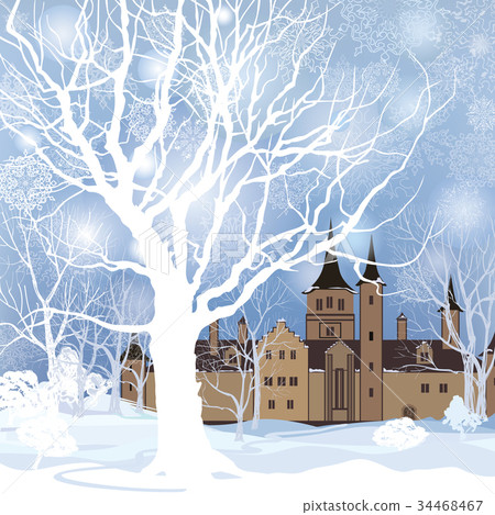 Winter landscape. Snow forest castle background 34468467