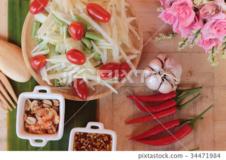 Spicy papaya salad is delicious ,thai food. Spicy papaya salad is delicious ,thai food. 34471984