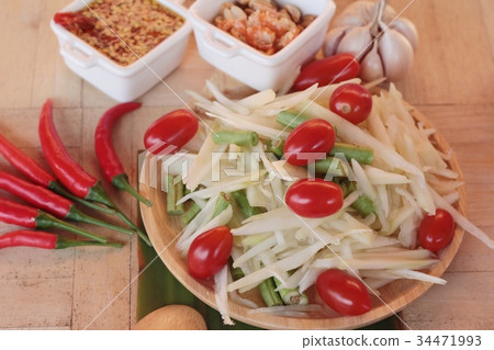 Spicy papaya salad is delicious ,thai food. Spicy papaya salad is delicious ,thai food. 34471993