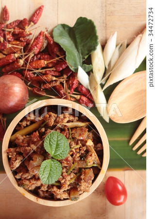 Spicy pork pastes delicious with fresh vegetables. Spicy pork pastes delicious with fresh vegetables. 34472734