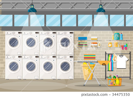 Laundry room interior with washing machine 34475350