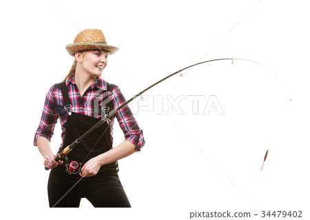 Happy woman in sun hat holding fishing rod 34479402