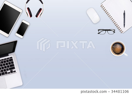 Modern workspace with laptop tablet, coffee cup Modern workspace with laptop tablet, coffee cup 34481106