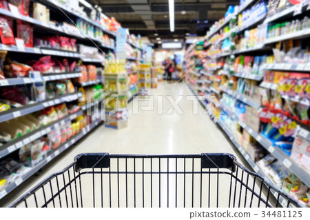Supermarket aisle with empty shopping cart Supermarket aisle with empty shopping cart 34481125
