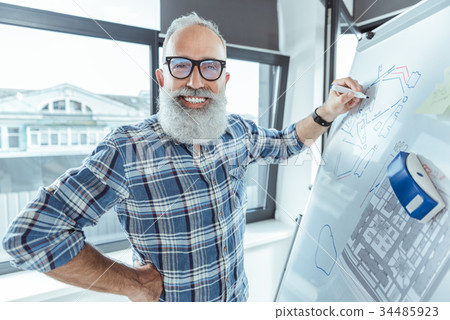 Cheerful skillful old man is expressing happiness Cheerful skillful old man is expressing happiness 34485923