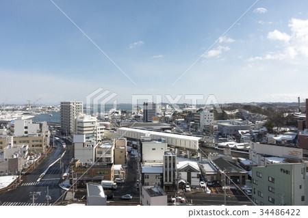 Aerial view of Shiogama cityscape and Sengoku Line Aerial view of Shiogama cityscape and Sengoku Line 34486422