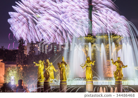 Fireworks on the background of fountain Friendship 34486468