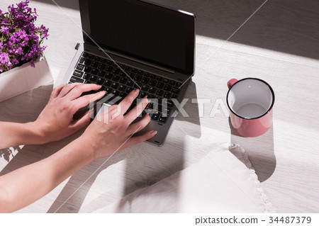 Modern blogger workplace. Female typing on laptop 34487379