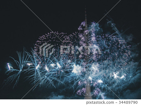 fireworks near the tower at night fireworks near the tower at night 34489790