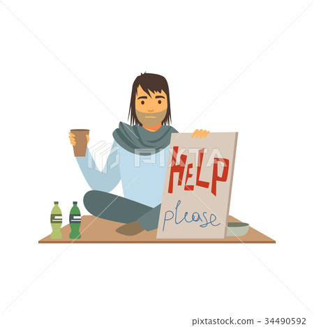 Homeless man character holding signboard asking 34490592
