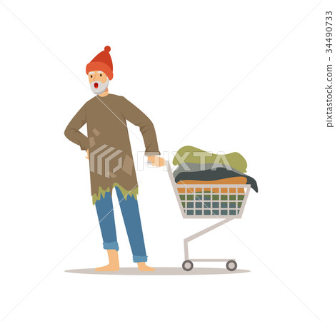 Homeless man character pushing shopping cart with 34490733