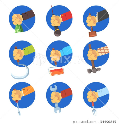 Hands holding tools set, mans hand with the symbol Hands holding tools set, mans hand with the symbol 34490845
