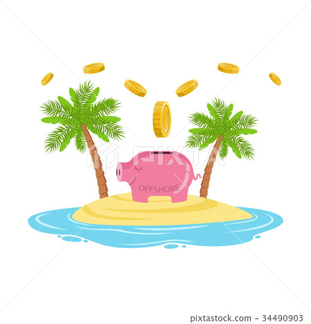 Gold coins falling in a piggy bank on a tropical 34490903