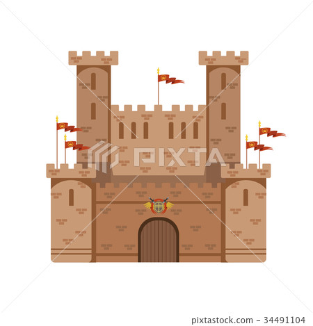 Ancient castle with red flags, medieval 34491104